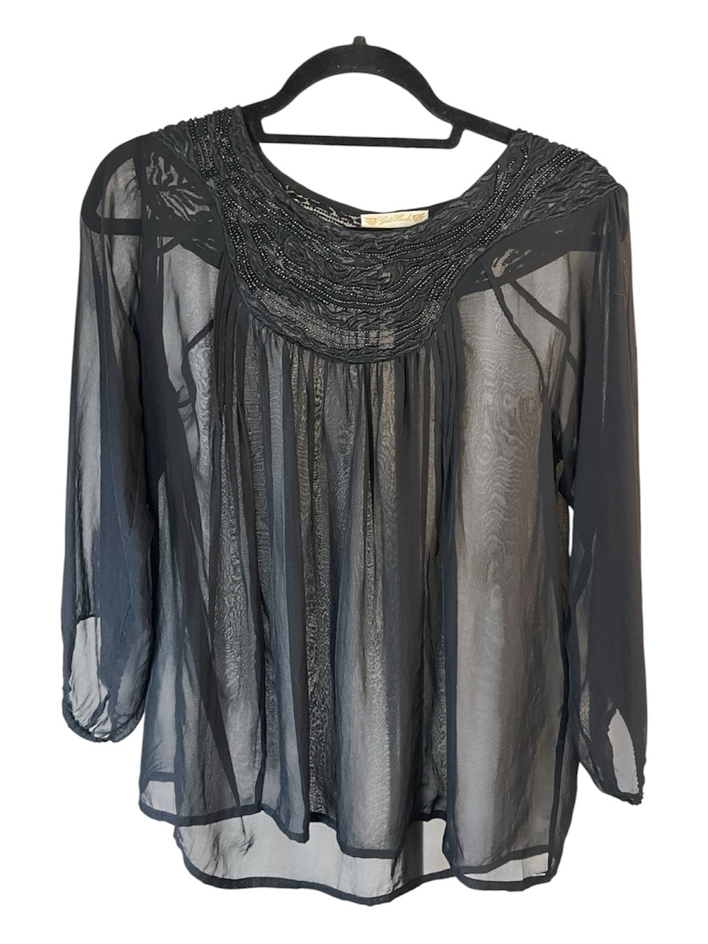 Vintage Gold Hawk Silk Sheer Black Beaded Embroidered Yoke Women's Blouse